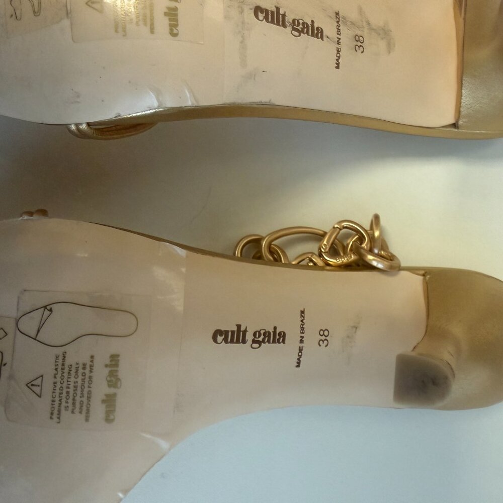 Cult Gaia Leather Chain-Link T-Strap Flat Sandal Tan/Gold Size 7.5 - Picture 7 of 7